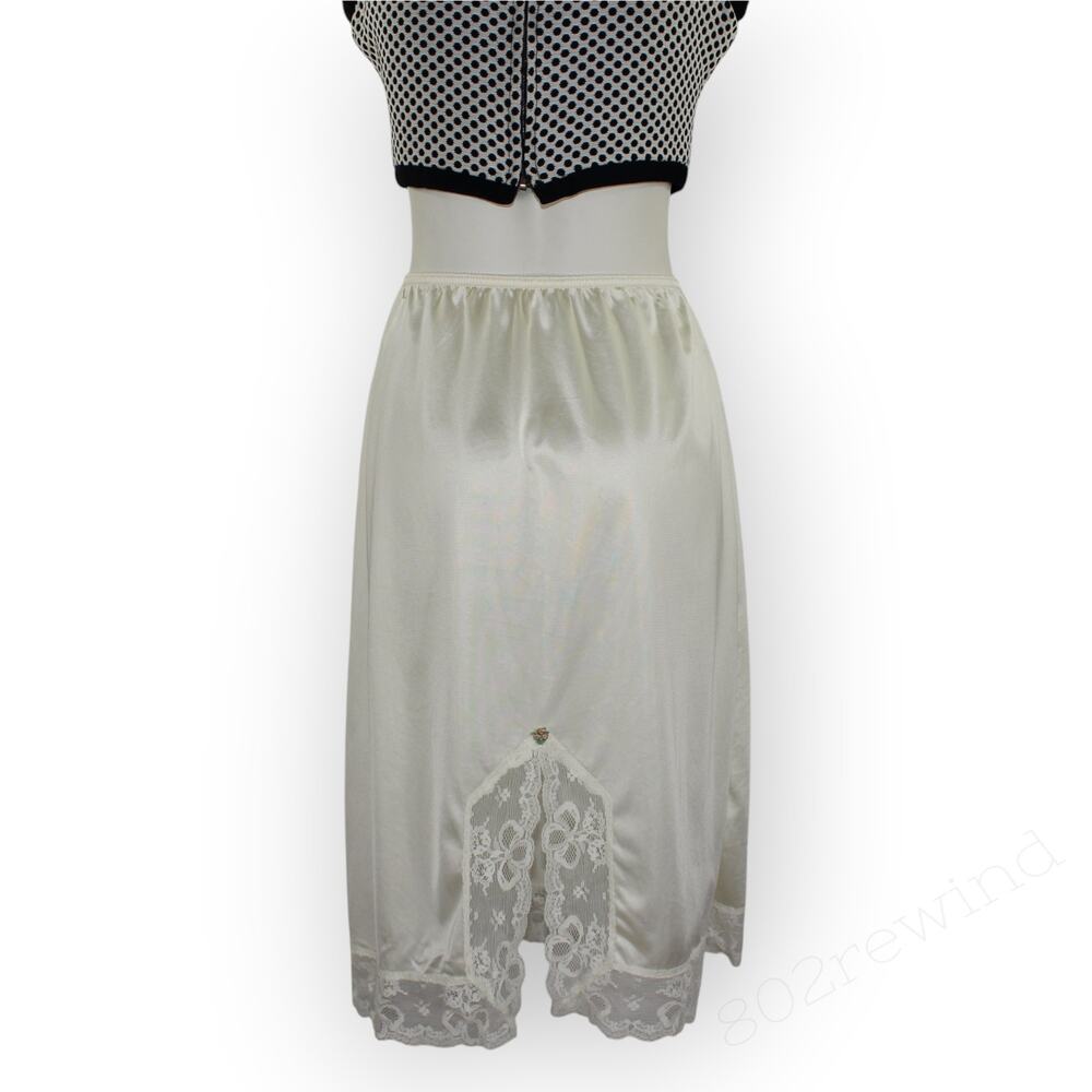 MED Vintage Leggs Half Slip Midi Skirt Lace Trim Satin Ivory Sheen Slit USA 80s